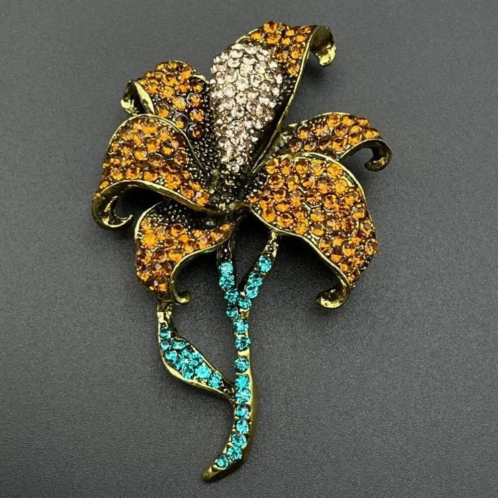 Yellow Gold with Burnt Orange and Champagne Crystal Lily Flower Pin Back Brooch